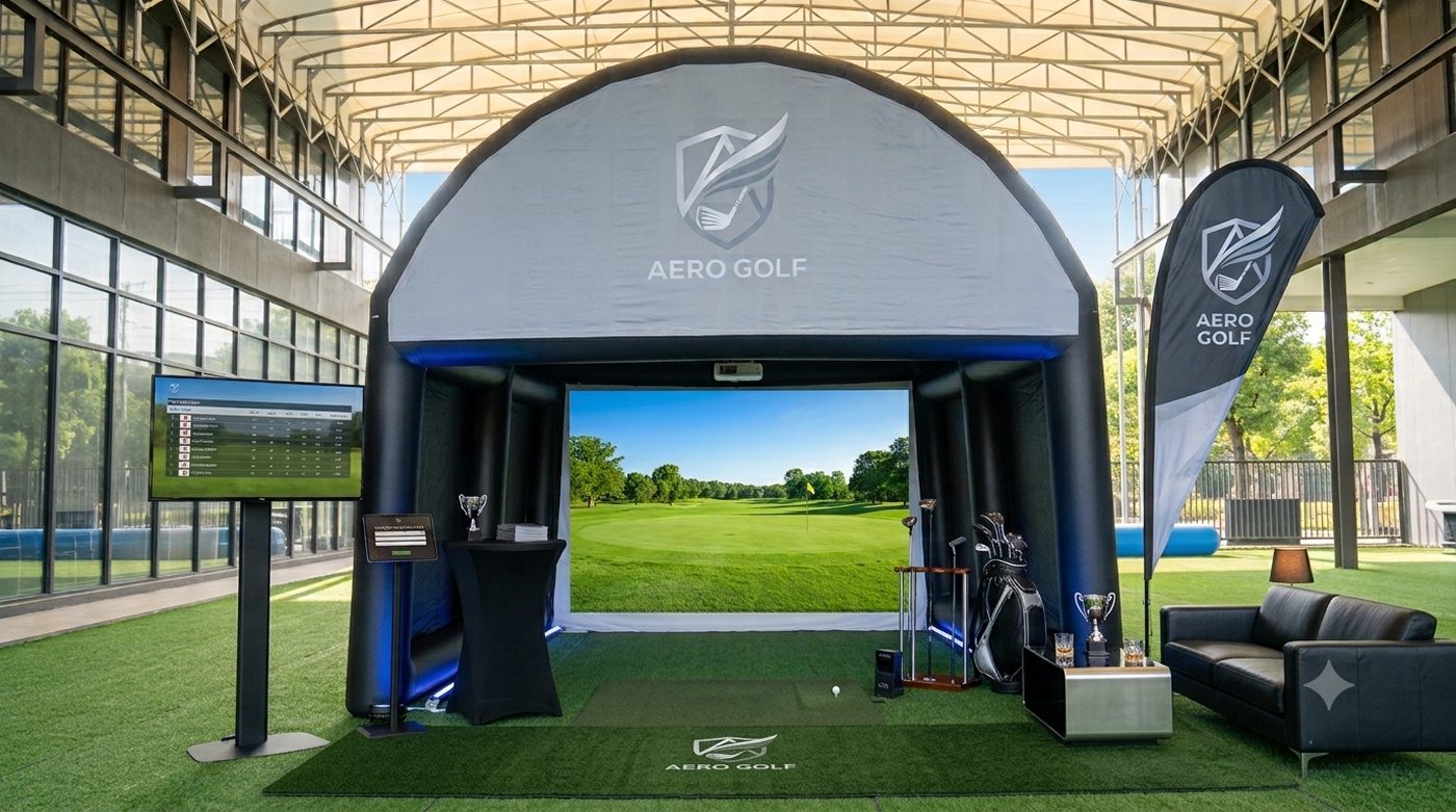 Aero Golf Championship setup with clubhouse lounge seating