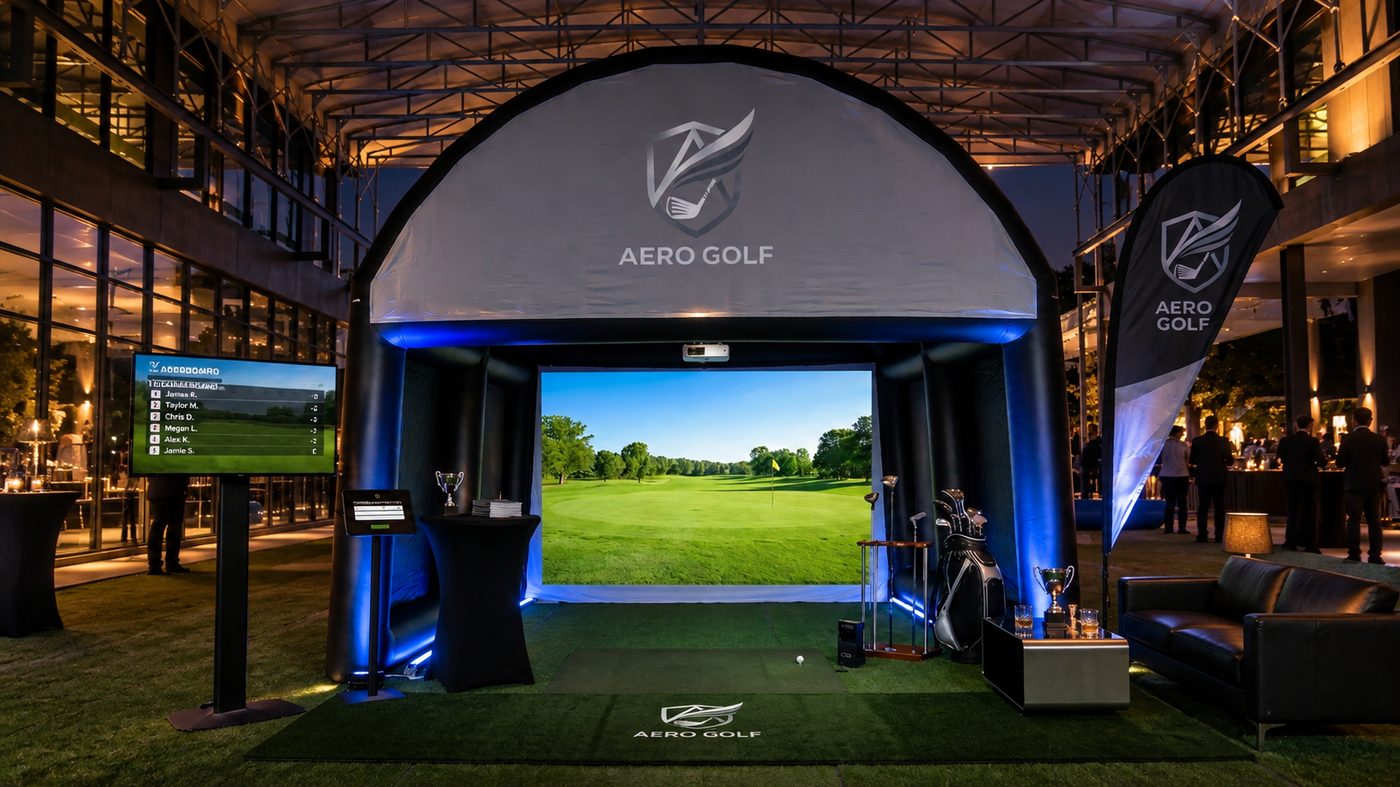 Aero Golf simulator lit up at an evening corporate event