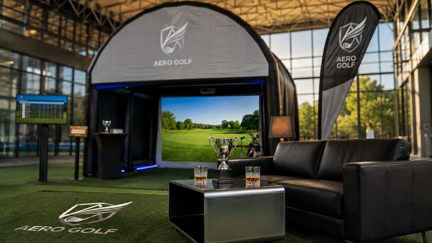Lounge seating area beside the Aero Golf simulator